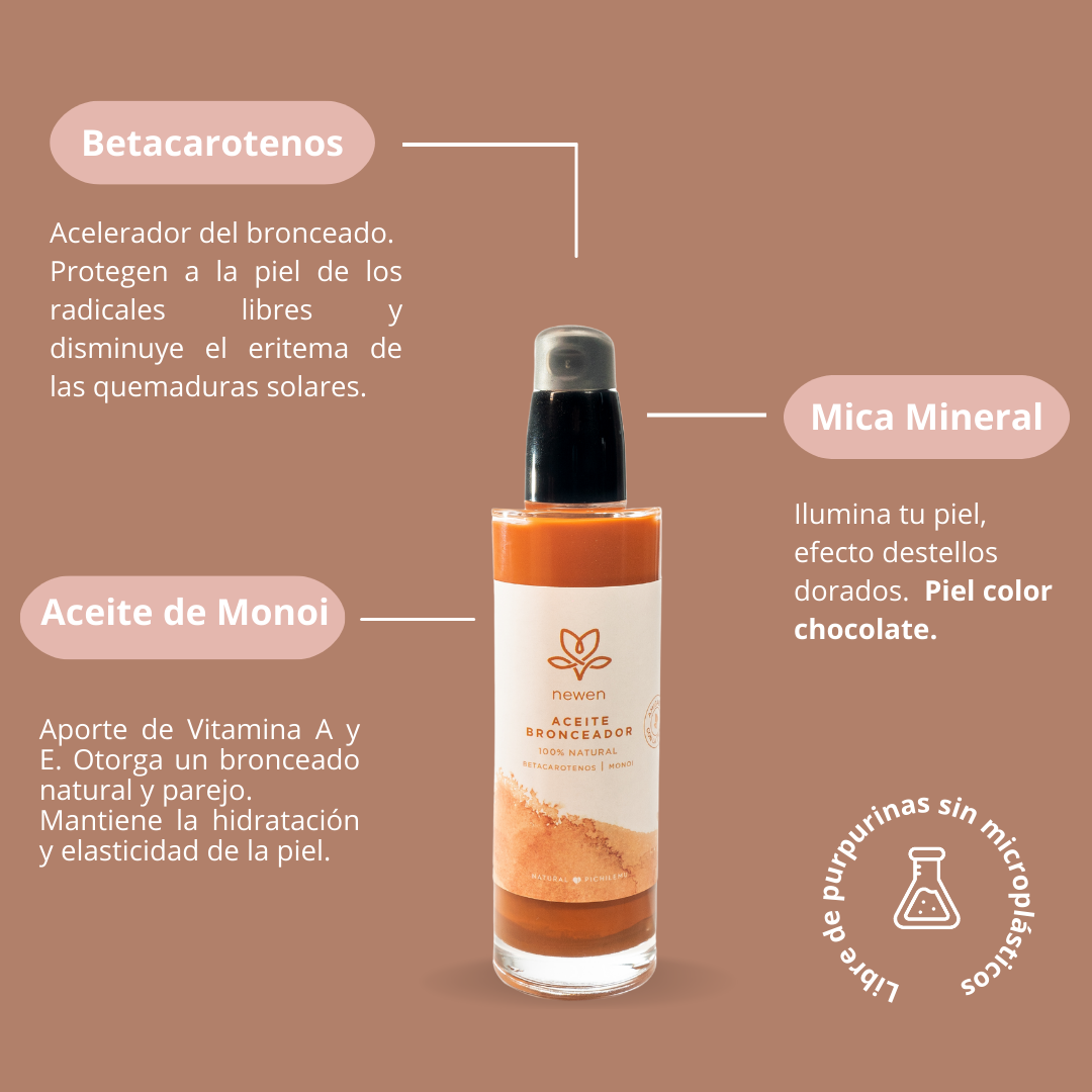 Aceite Bronceador Monoi, piel color chocolate - Newen Cosmetica